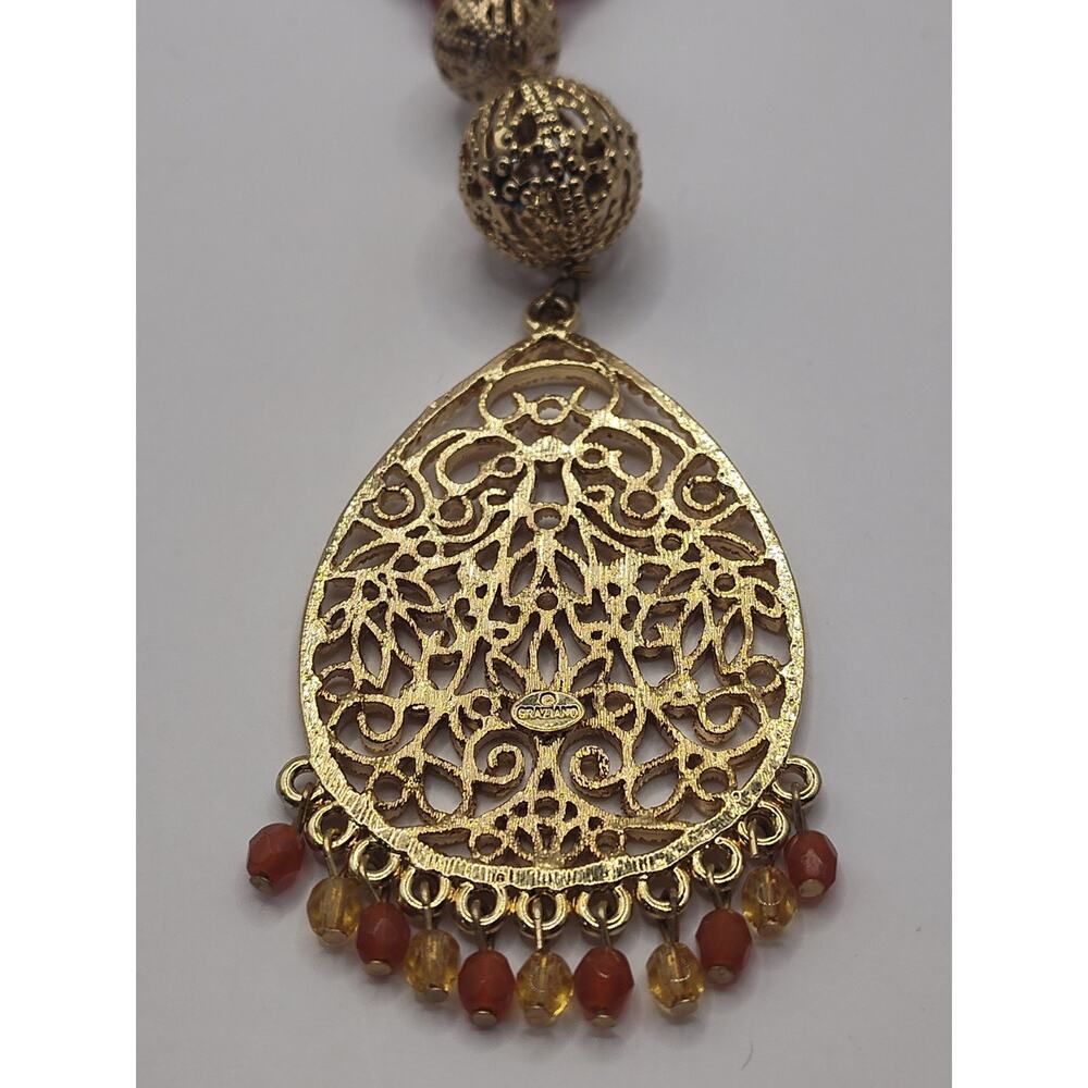 Graziano Statement Necklace Filigree Tear Drop Medallion Pendant Carnelian Beads